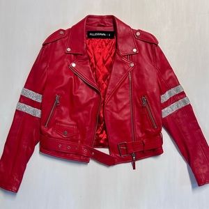 Filles at Papa Red Leather Motorcycle Jacket.